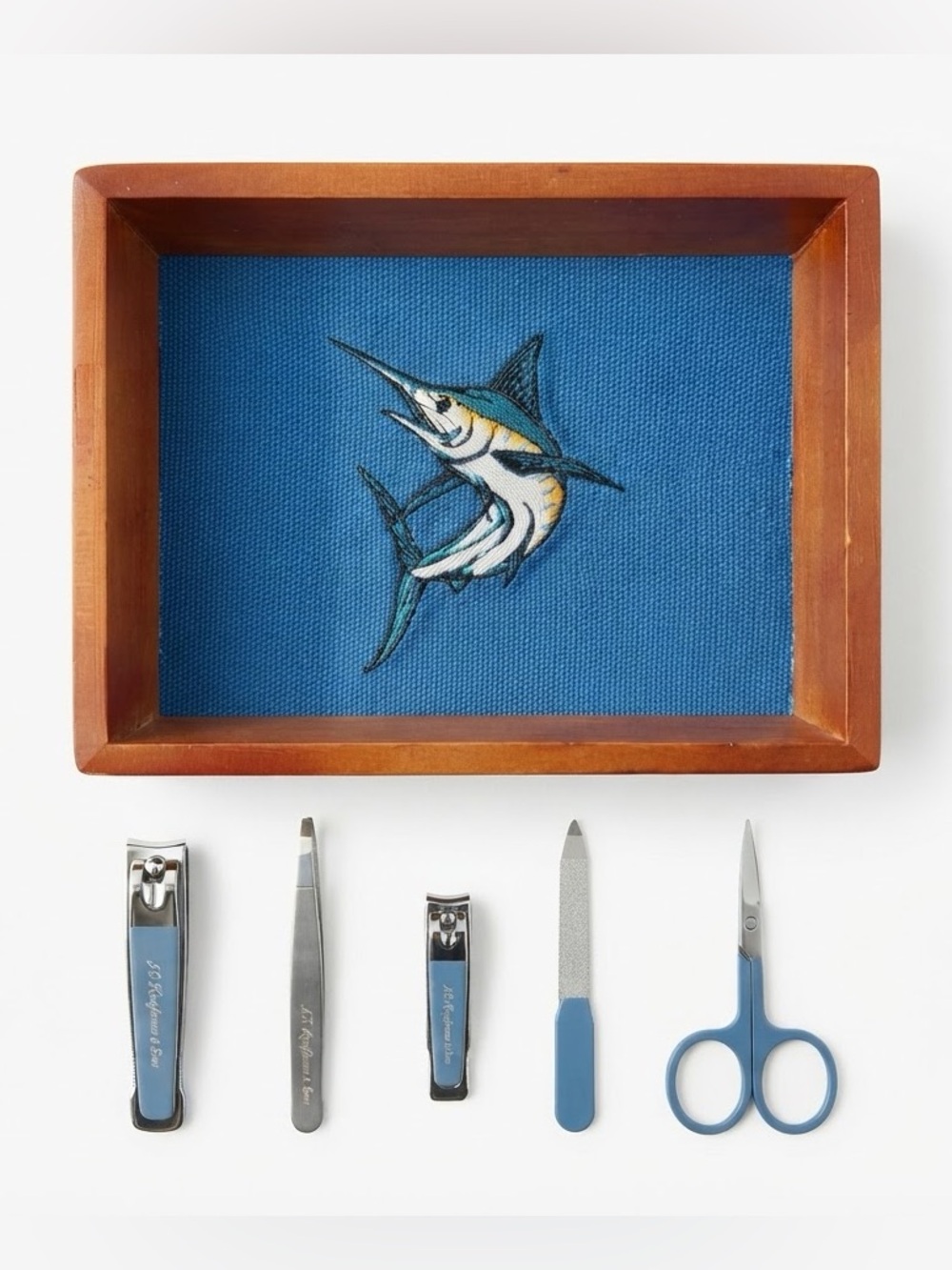 NWT J.S Kraftsman & Sons Swordfish Needlepoint Valet Tray 5-Pc Blue Grooming Set